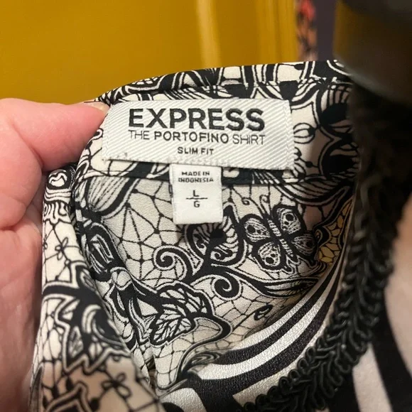 Express Portofino Shirt Black and White Paisley Size L - Picture 7 of 7
